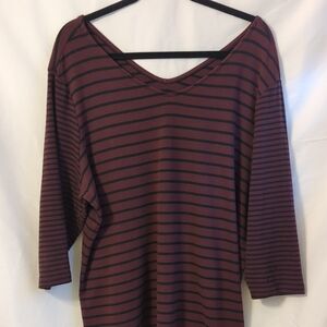 Lane Bryant Burgundy and Black Striped V-Neck Long Sleeve Top